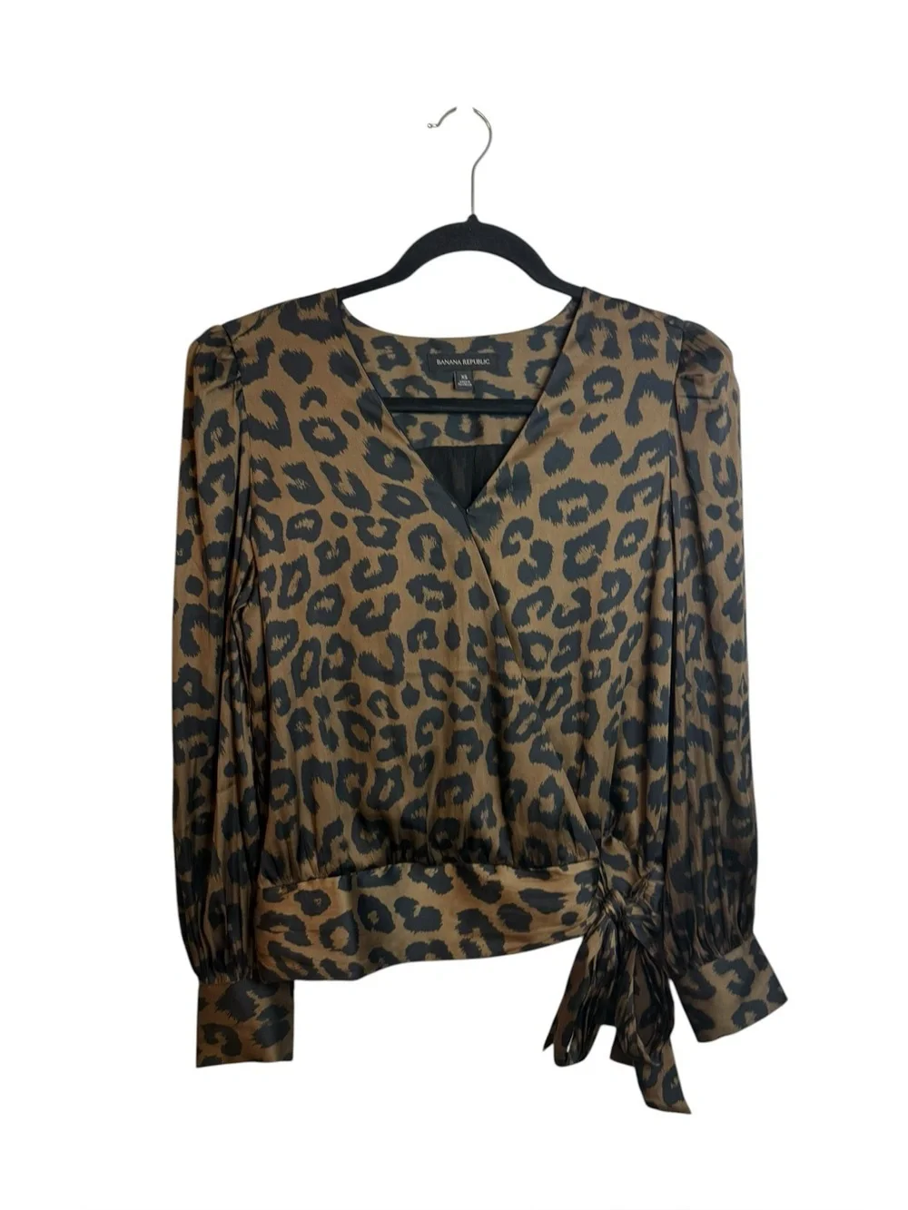 Banana Republic Black Leopard Black Puff Long Sleeve Wrap Top